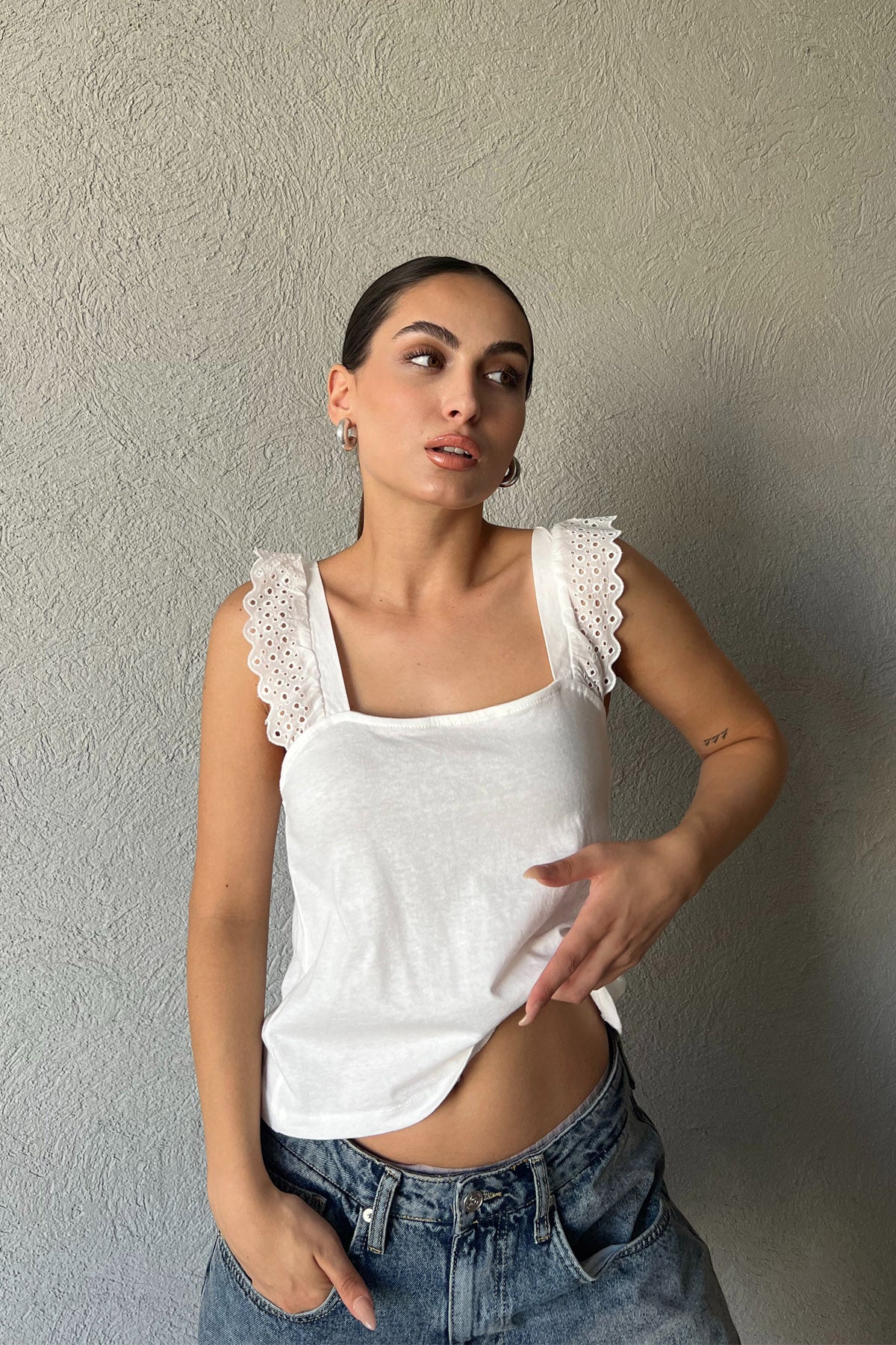 Ekru Fisto Askı Detaylı Crop SY-1961-Ekru