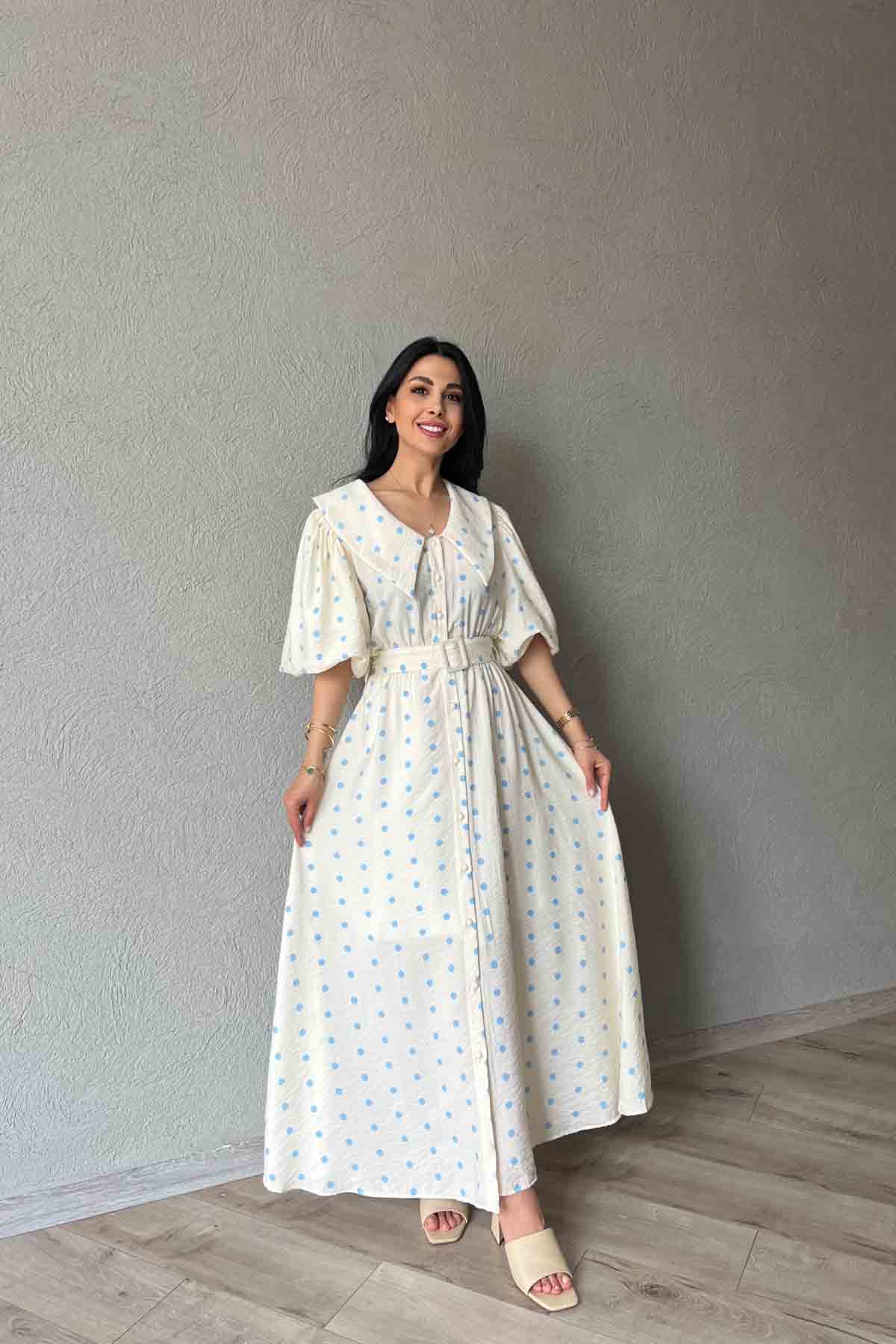 Mavi Puantiye Desenli Düğme Detaylı Balon Kol Elbise SY-1790-Mavi