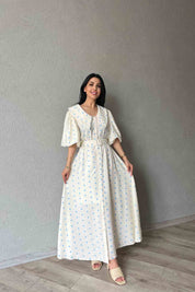 Mavi Puantiye Desenli Düğme Detaylı Balon Kol Elbise SY-1790-Mavi