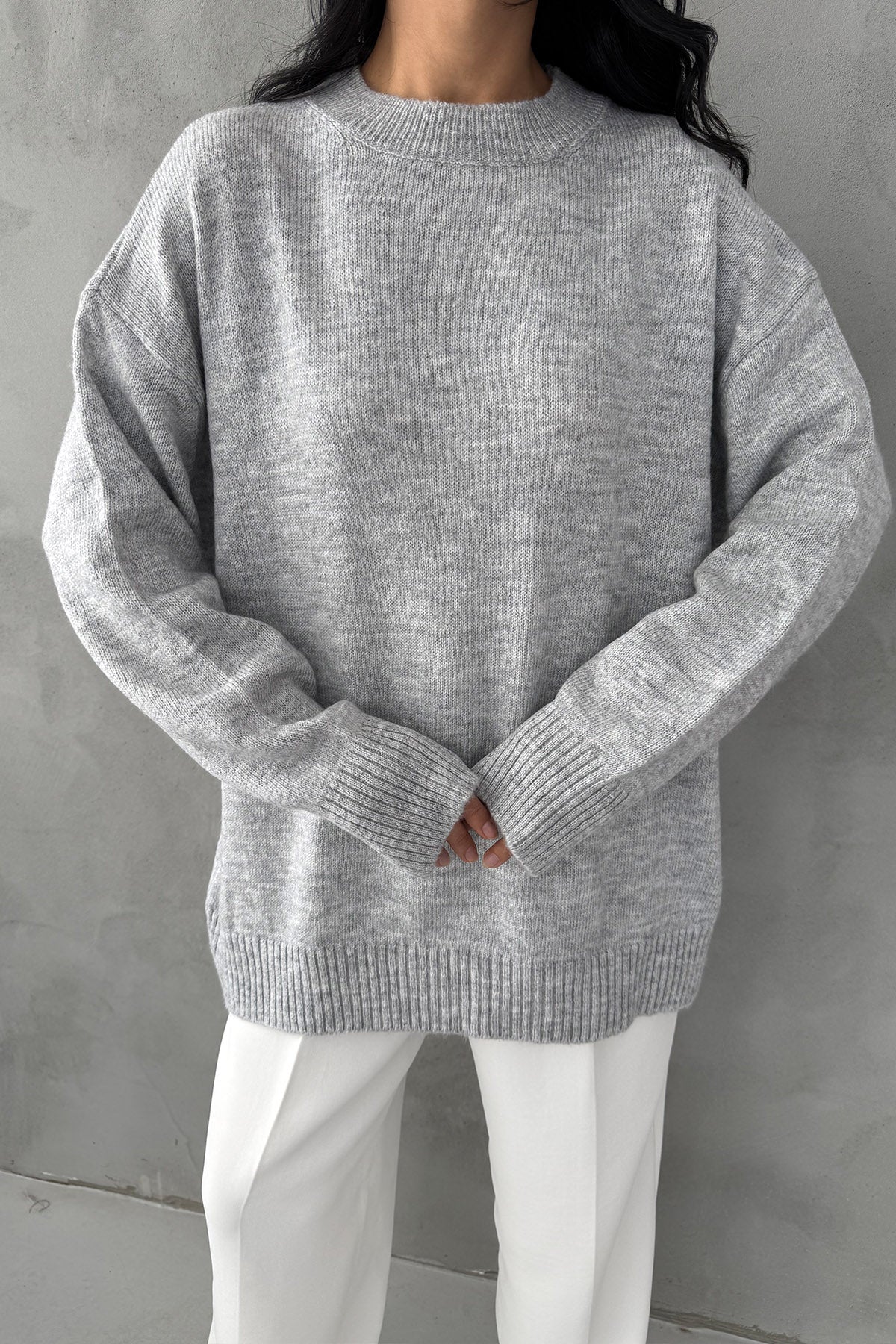 Gri Bisiklet Yaka Lastikli Pinterest Triko Kazak SY-3368-Gri