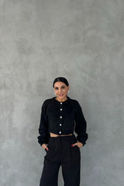 Siyah Sakal Örgü İnci Taş Detaylı Hırka SY-2451-Siyah