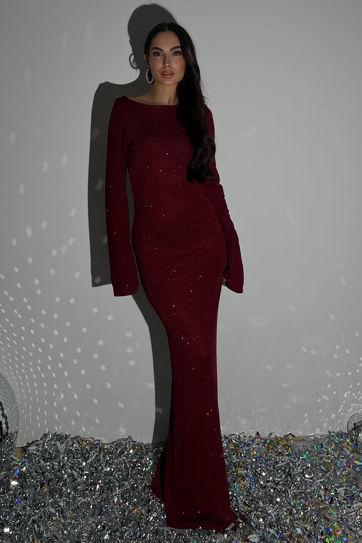 Bordo Simli Sırt Detaylı Kalem Elbise SY-2807-Bordo