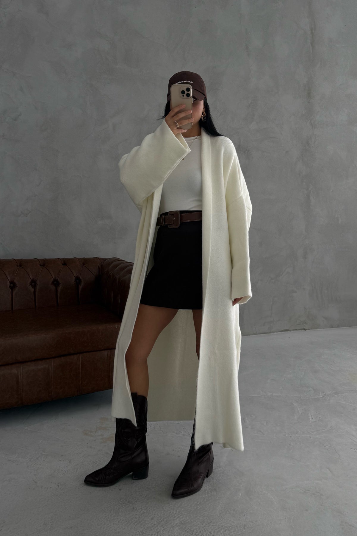 Salaş Uzun Ekru Triko Hırka SY-3420-Ekru