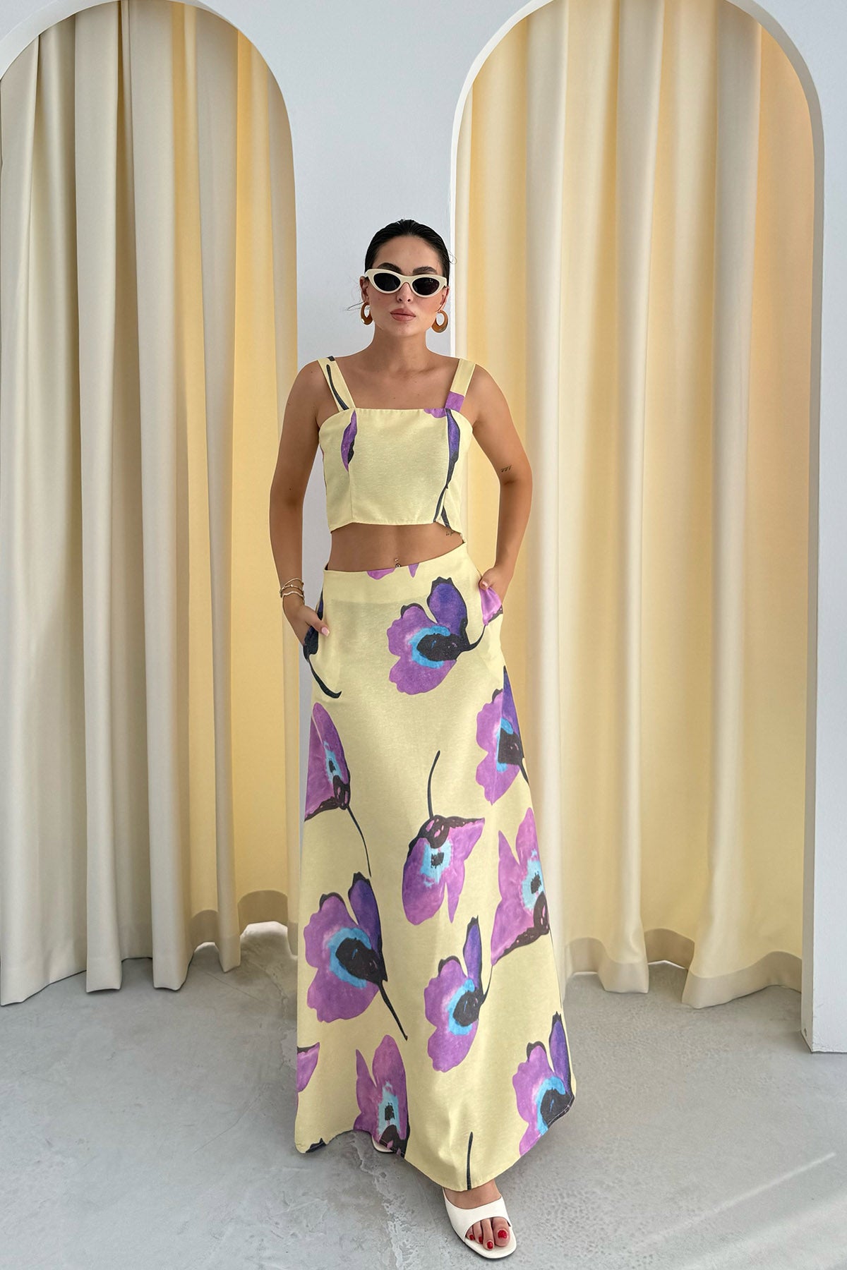 Renkli Çicek Desenli Keten Crop Etek Takım SY-3304-Renkli