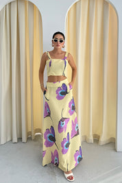 Renkli Çicek Desenli Keten Crop Etek Takım SY-3304-Renkli