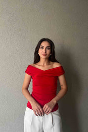 Kırmızı Asimetrik Kolsuz Bluz SY-1910-Kırmızı