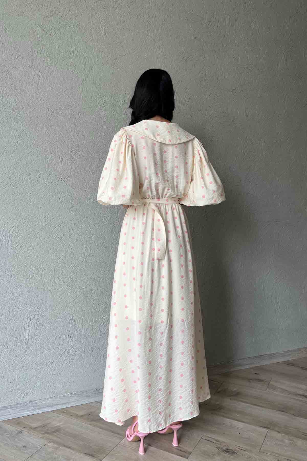 Pembe Puantiye Desenli Düğme Detaylı Balon Kol Elbise SY-1790-Pembe