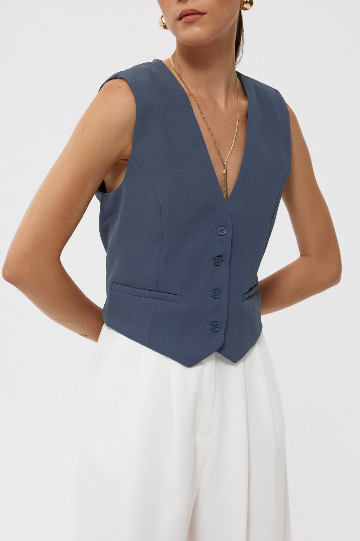 Petrol Mavisi Düğmeli Yelek SY-2425-Petrol Mavisi