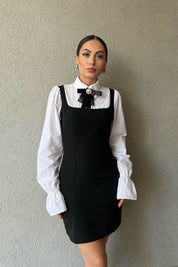 Siyah Vintage Gömlek Ve Toka Detaylı Kısa Elbise SY-1656-Siyah