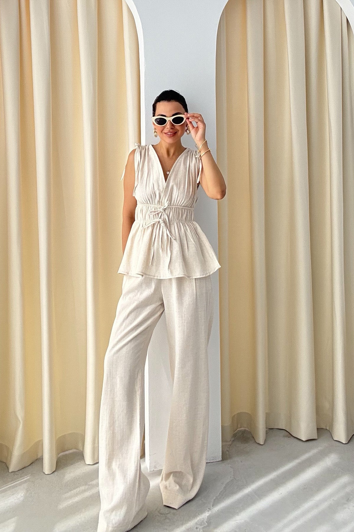 Taş Lastik Detaylı Bluz Pantolon Takım SY-3259-Taş