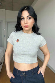 Gri Ayıcık Nakışlı Crop SY-2971-Gri