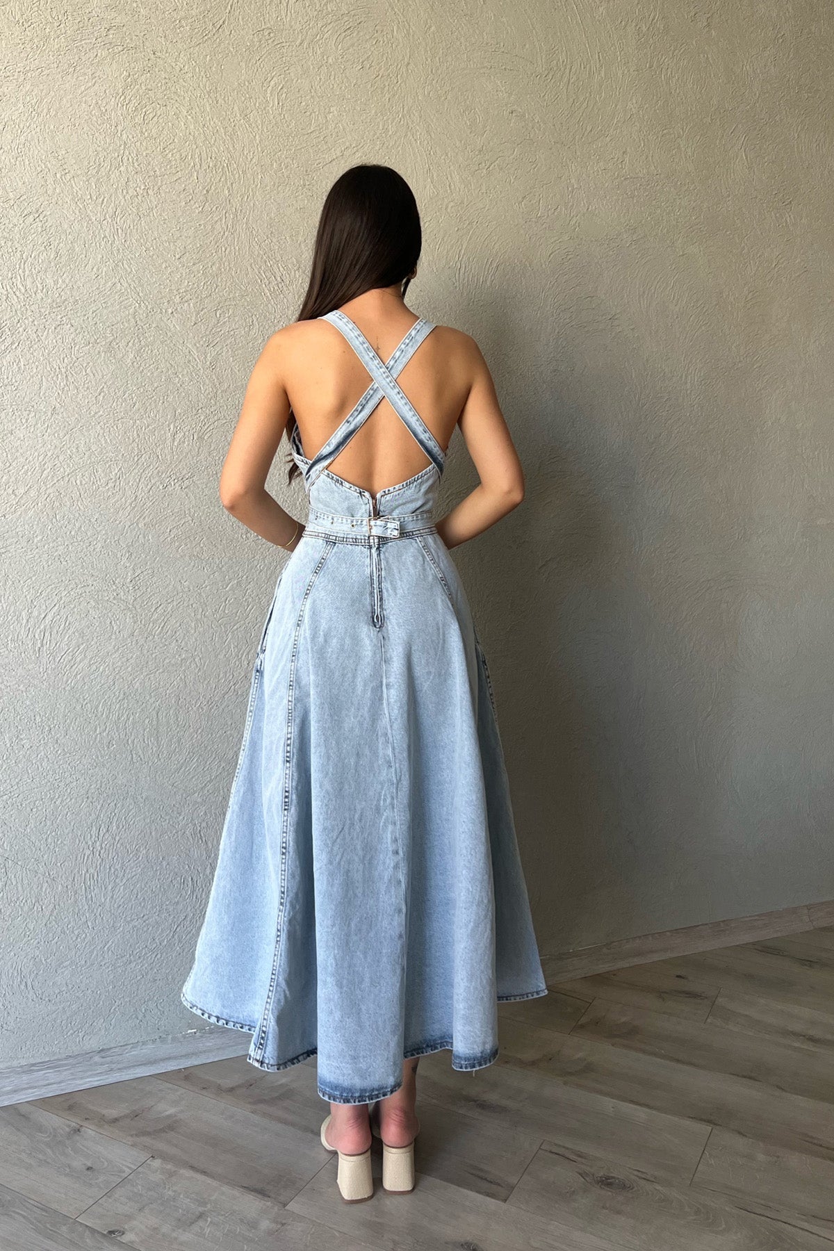 Açık Mavi Tasarım Bağlama Detay Denim Uzun Elbise SY-0836-Açık Mavi