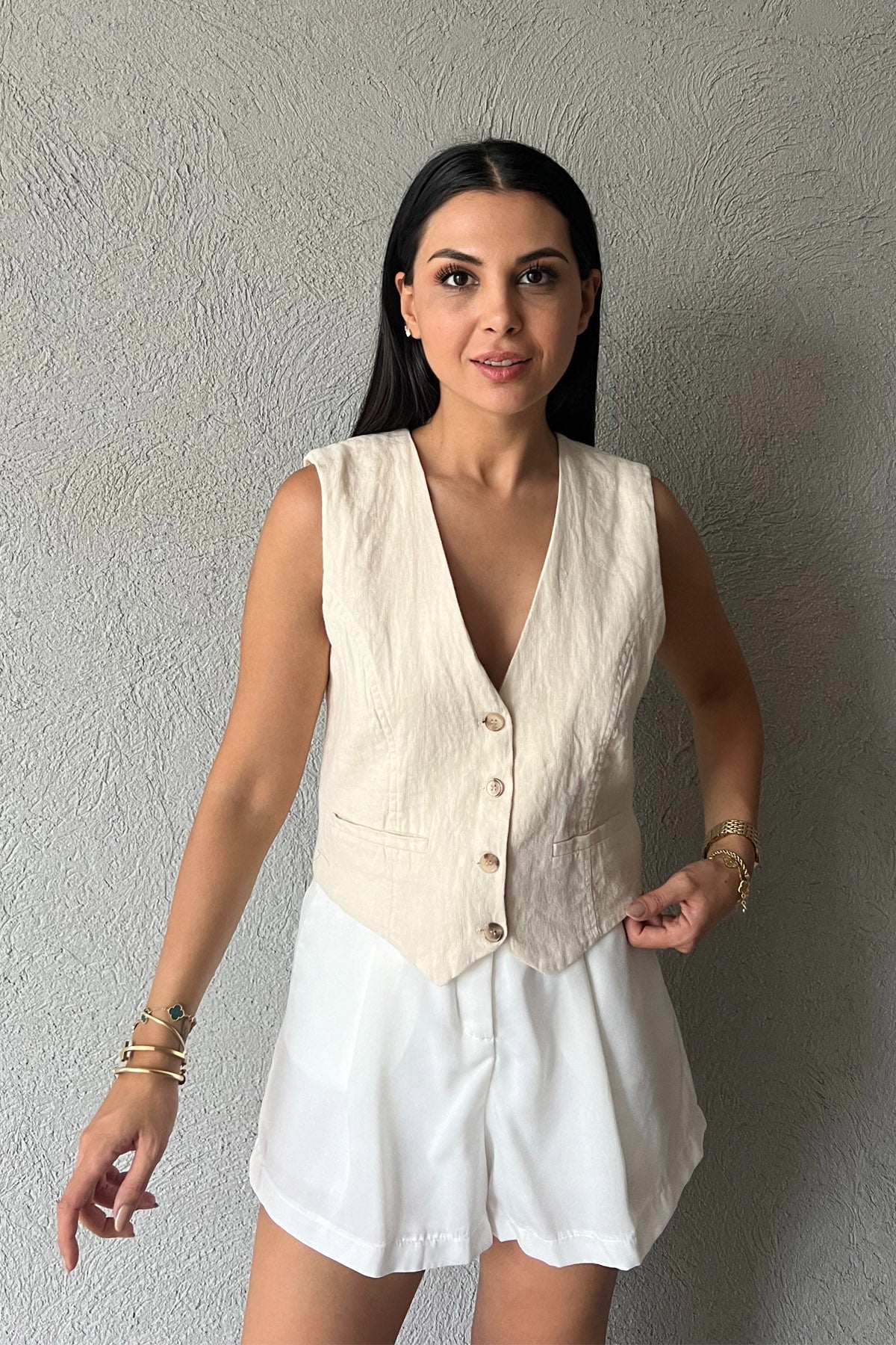 Krem Düğmeli Keten Yelek SY-2229-Krem