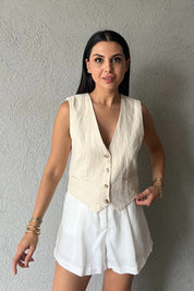 Krem Düğmeli Keten Yelek SY-2229-Krem