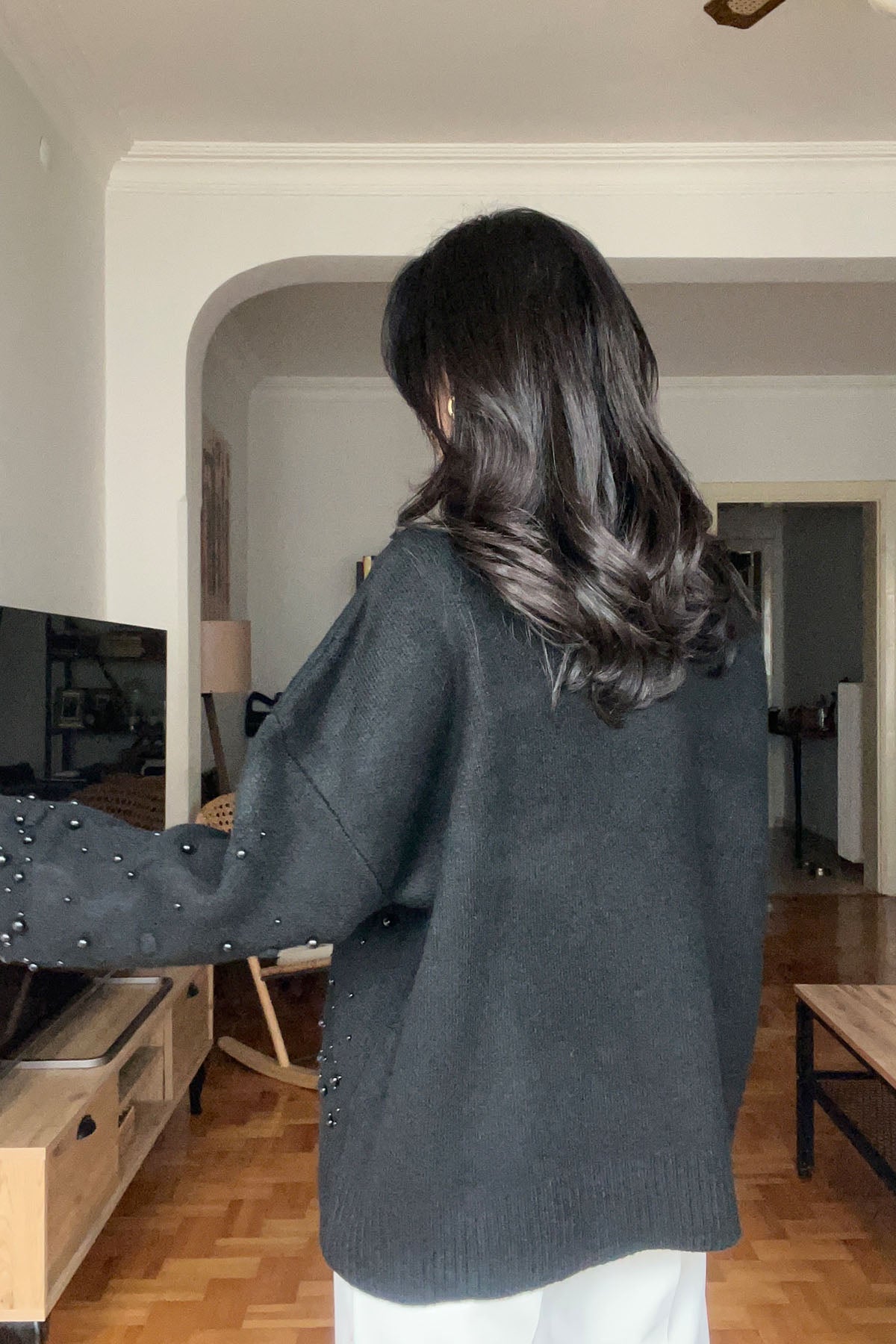 Siyah İnci Detaylı Yarım Balıkçı Triko Kazak SY-2741-Siyah