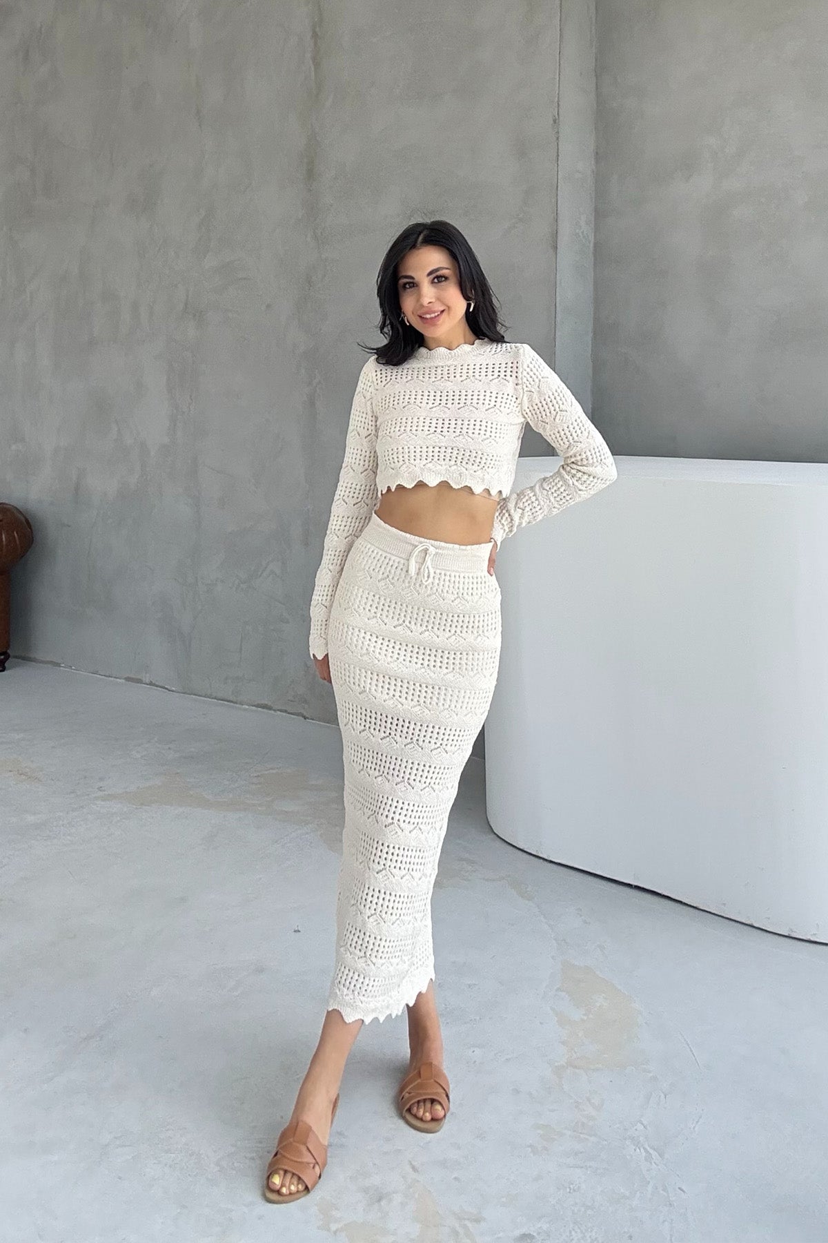 Ekru Uzun Kollu Bluz Etek Takım SY-0743- Ekru