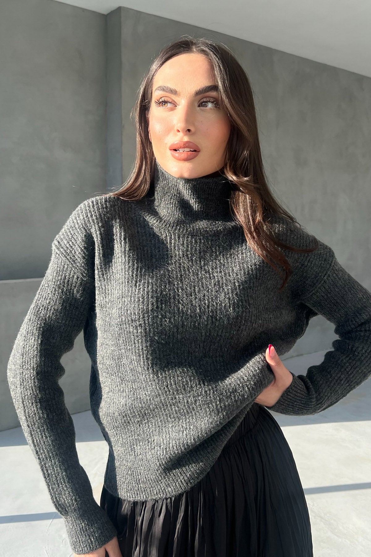 Antrasit Balıkçı Yaka Çizgili Kazak SY-2847-Antrasit