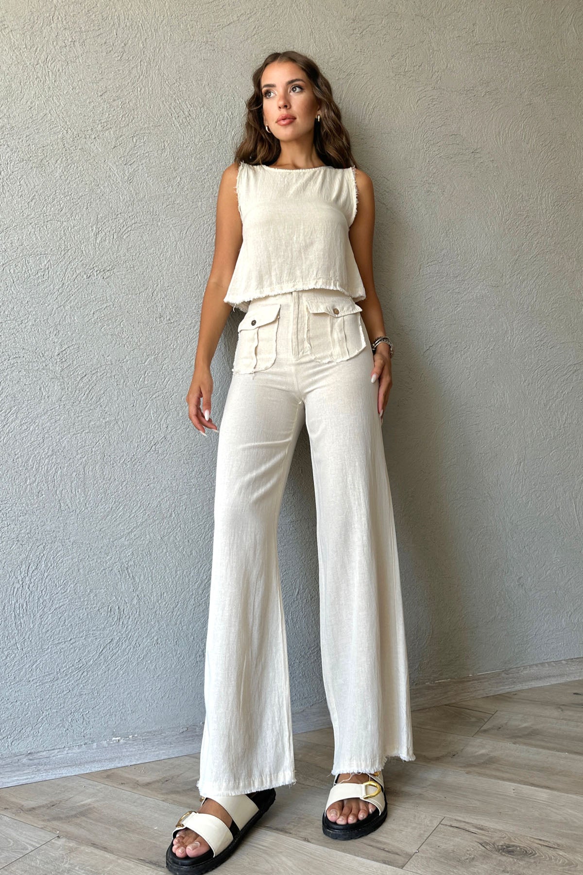 Naturel Keten Dokulu Bluz Pantolon Takım SY-0883- Naturel