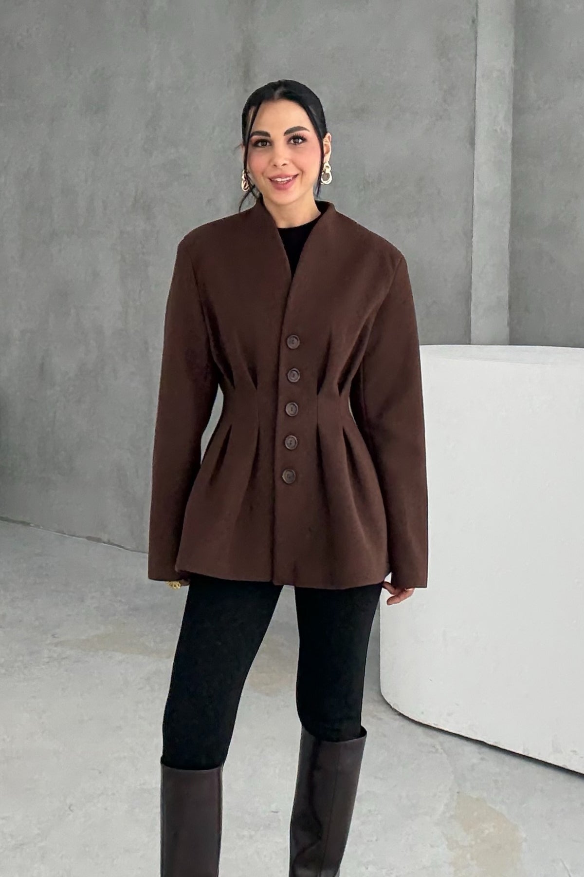 Kahverengi Belden Oturmalı Kaşe Özel Üretim Ceket SY-3416-Kahverengi