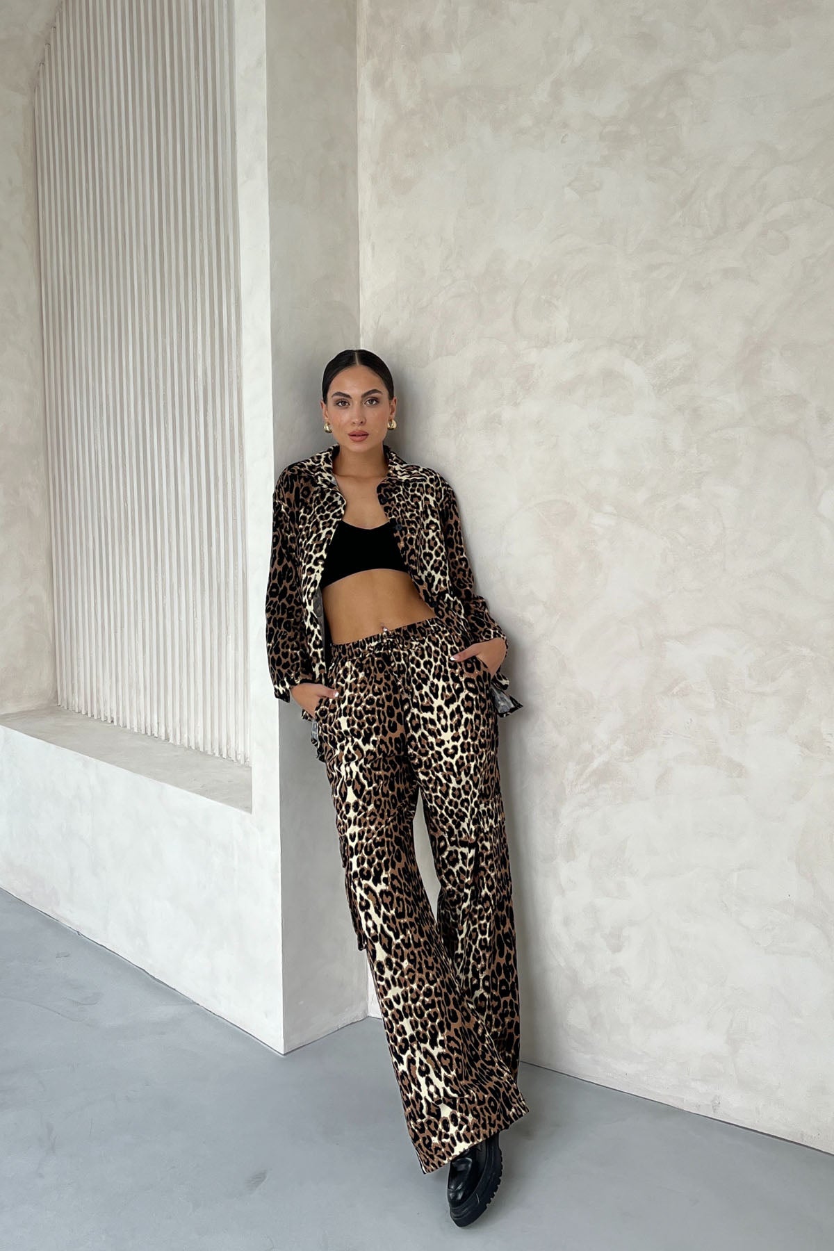 Leopar Desenli Gabardin Gömlek Pantolon İkili Takım SY-2456-Leopar