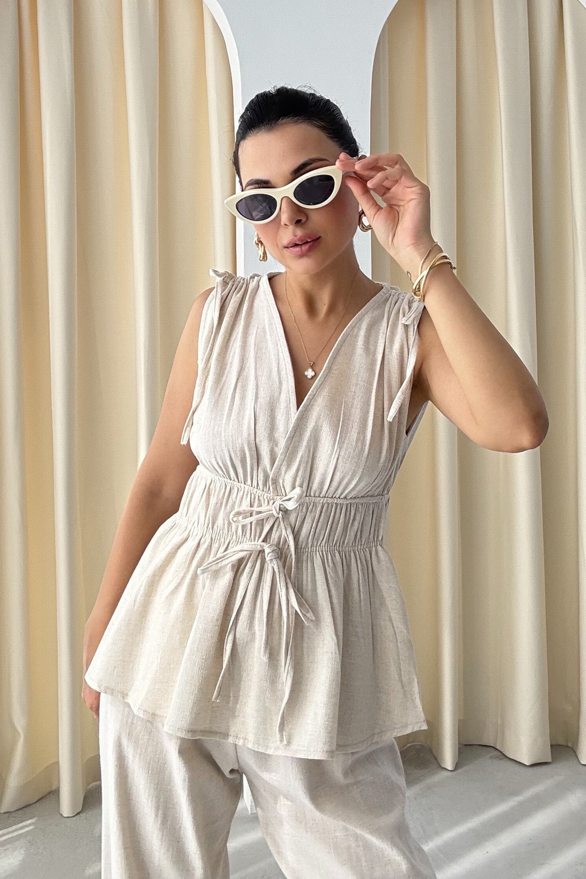 Taş Lastik Detaylı Bluz Pantolon Takım SY-3259-Taş