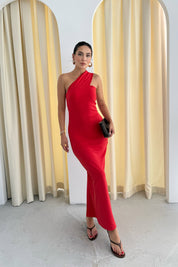 Kırmızı Tek Omuz Midi Boy Elbise SY-3296-Kırmızı