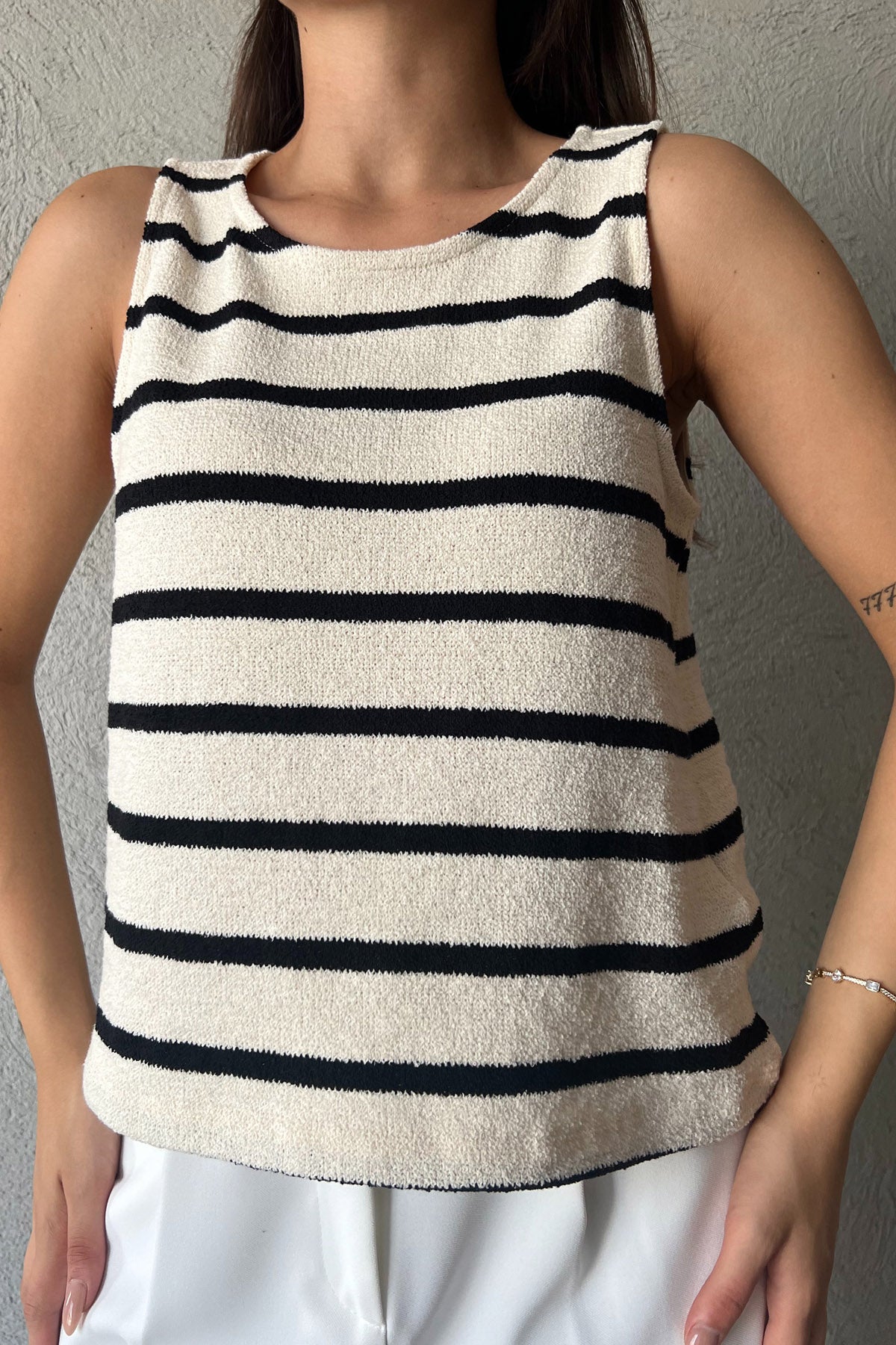 Krem Siyah Çizgili Atlet SY-2293-Krem