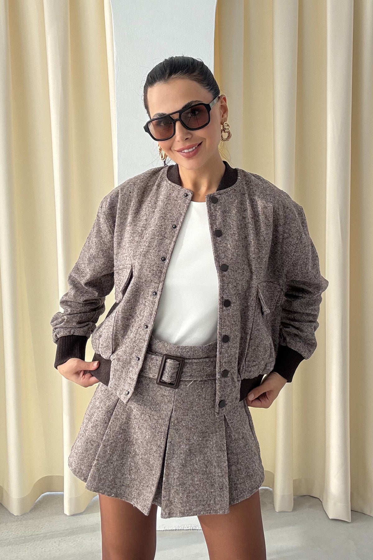 Vizon Bomber Ceket Kemerli Mini Şort Etek Takım SY-3390-Vizon