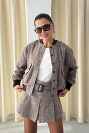 Vizon Bomber Ceket Kemerli Mini Şort Etek Takım SY-3390-Vizon