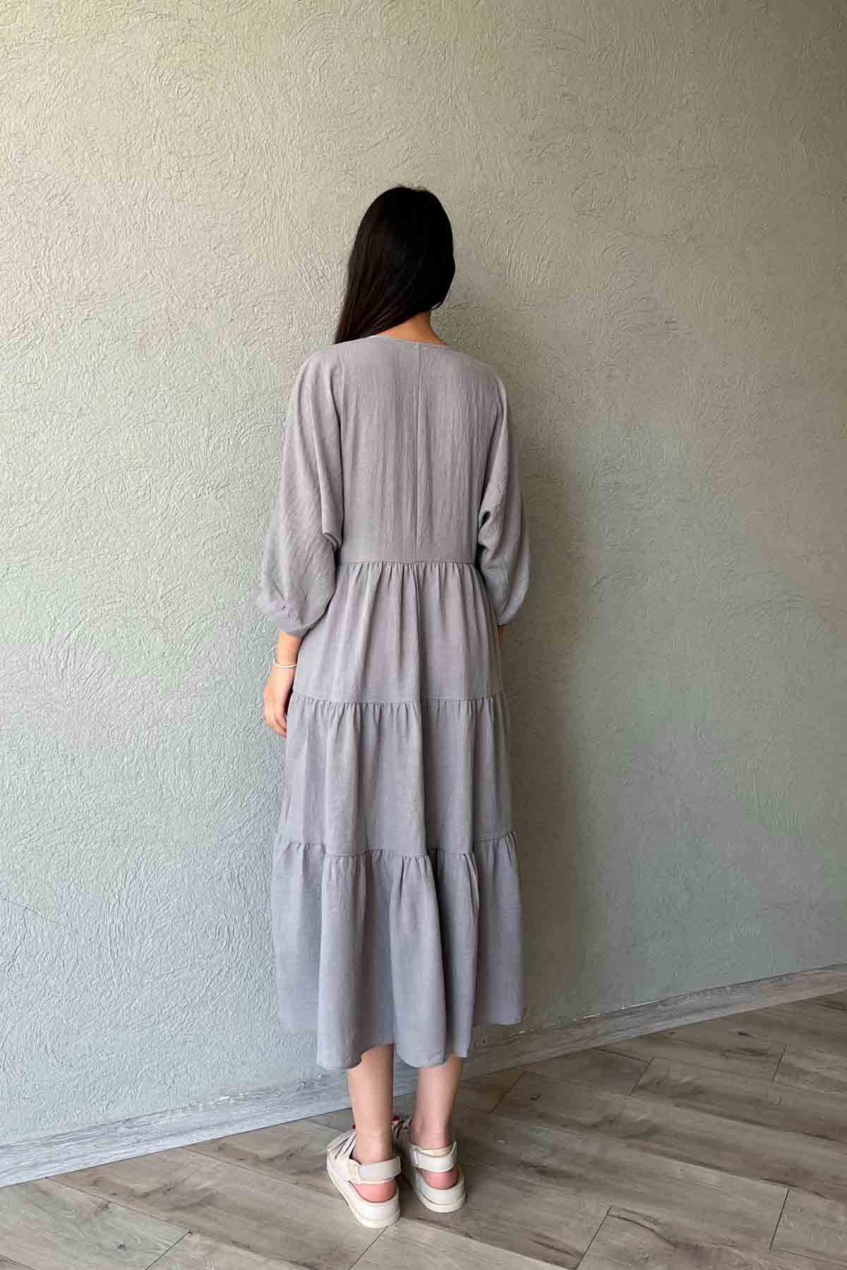 Müslin Kumaş V Yaka Rahat Kesim Gri Elbise SY-1939-Gri
