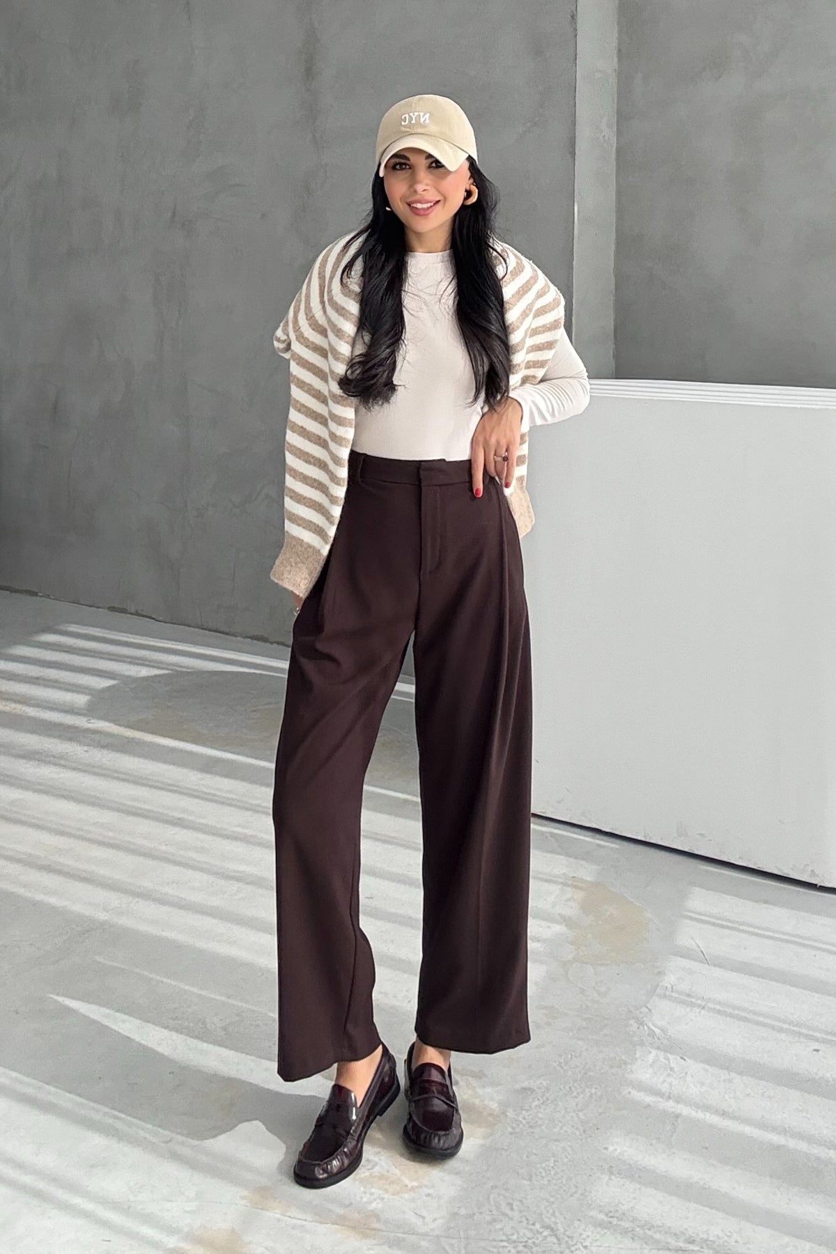 Kahve Pile Detaylı Bol Paça Pantolon SY-3447-Kahve