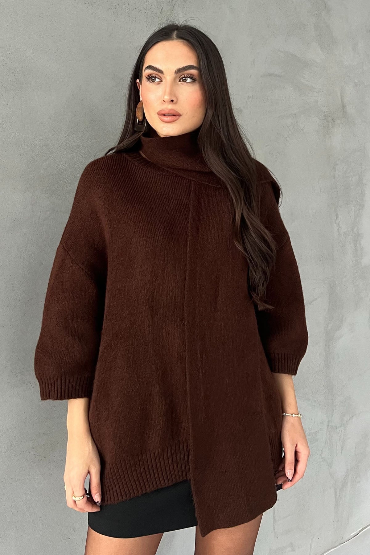 Kahverengi Kısa Kollu Şal Detay Oversize Kazak SY-2818-Kahverengi