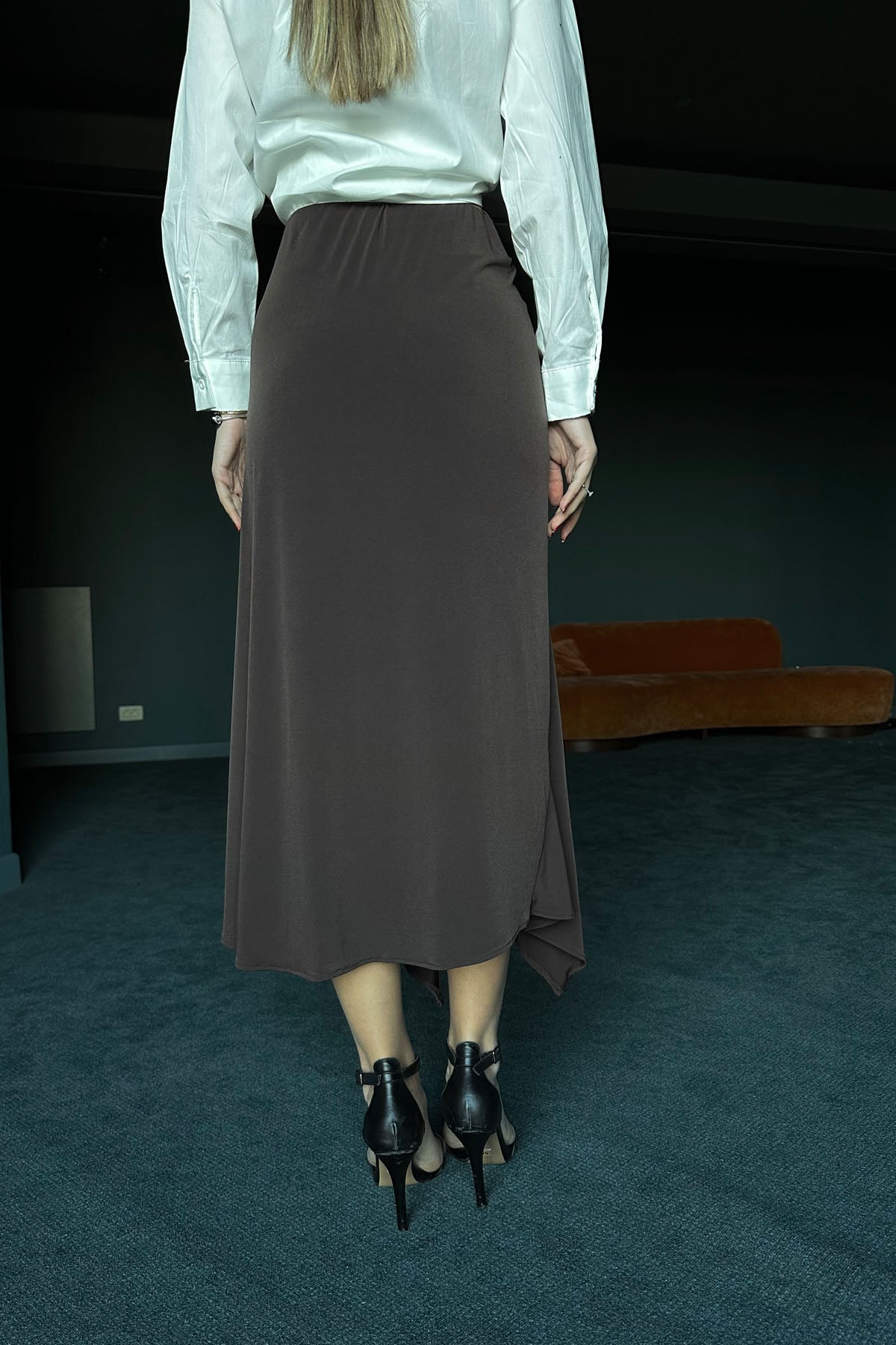 Kahverengi Önü Büzgülü Midi Etek SY-0013-Kahvarengi