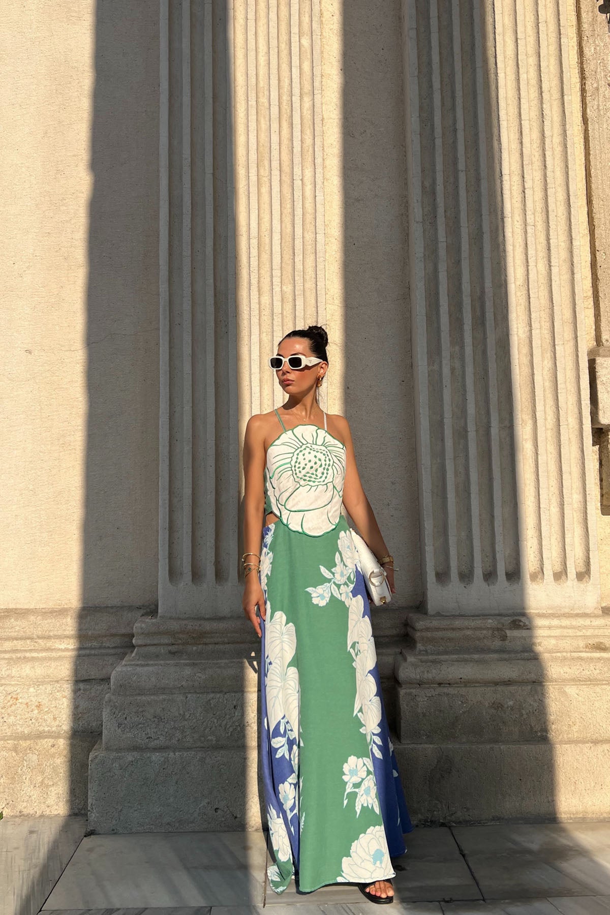 Renkli Positano Sırt Bağlamalı ve Çiçek Desenli Keten Elbise SY-2320-Renkli