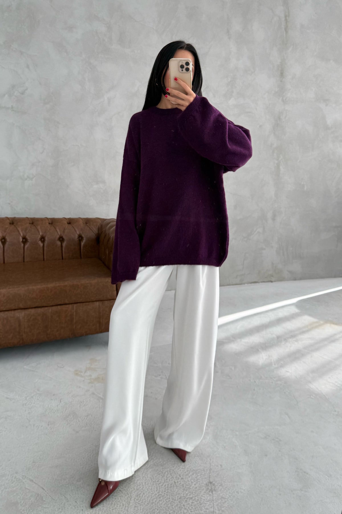 Mor Bisiklet Yaka Oversize Pinterest Triko Kazak SY-3343-Mor