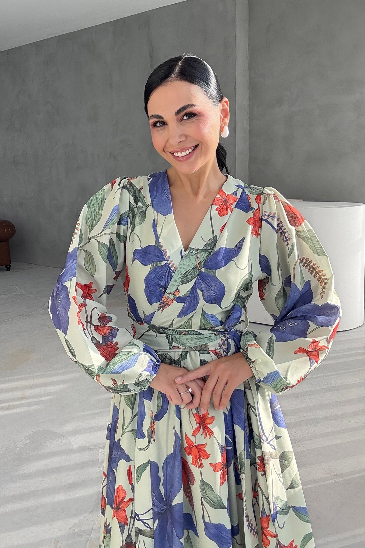 Çok Renkli Kuşaklı Anvelop Elbise SY-3367-Çok Renkli