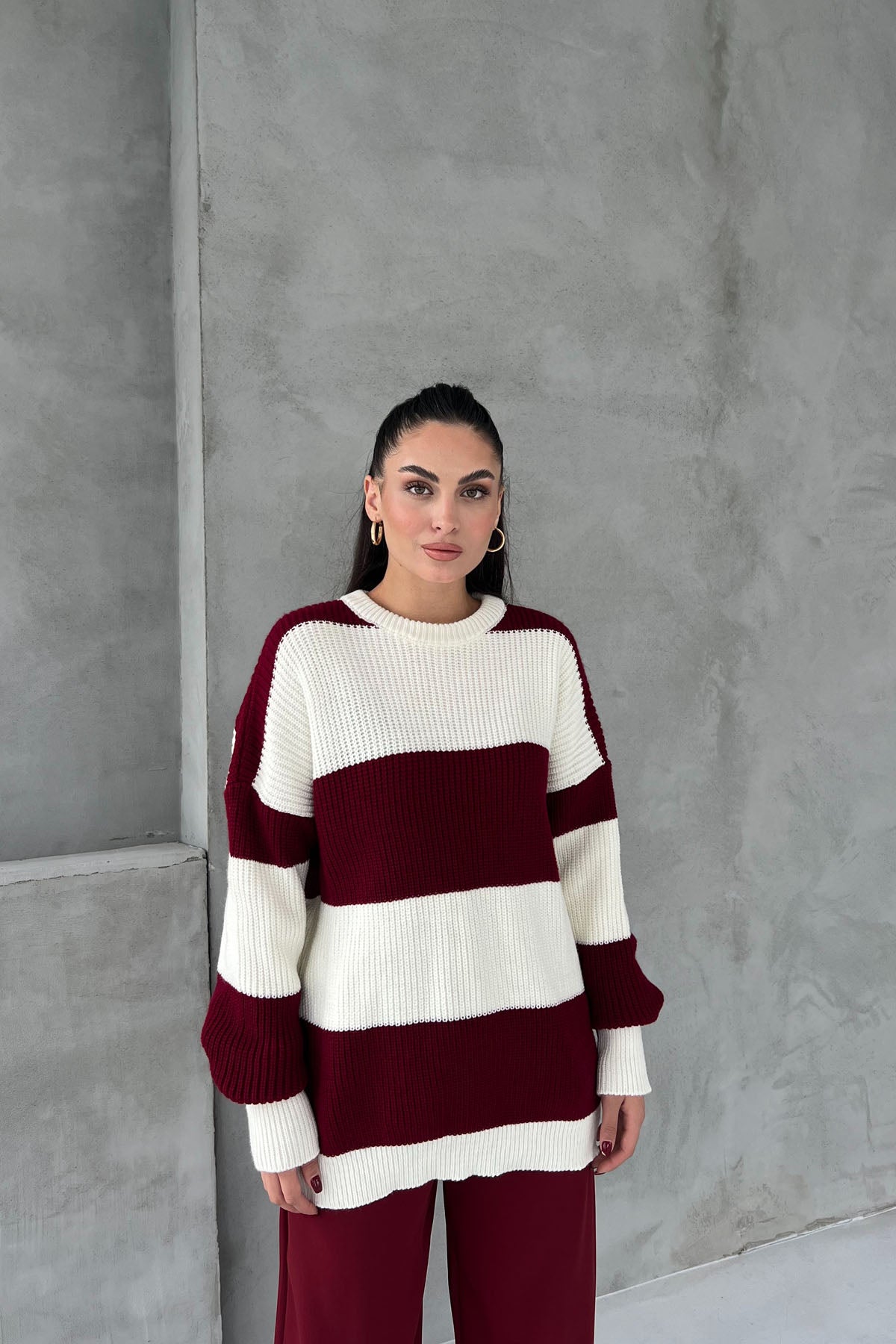 Bordo Penida Blok Renkli Oversize Kazak SY-2647-Bordo