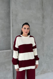 Bordo Penida Blok Renkli Oversize Kazak SY-2647-Bordo