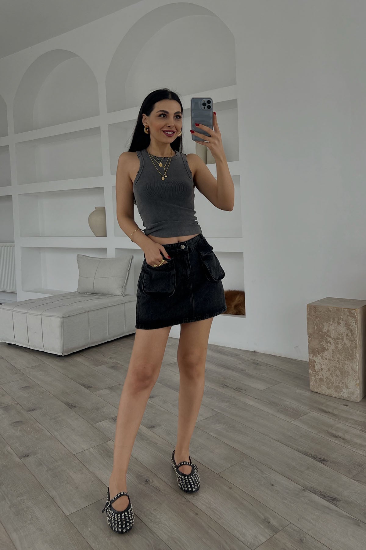 Siyah Kargo Cep Detaylı Kısa Denim Etek SY-1767-Siyah