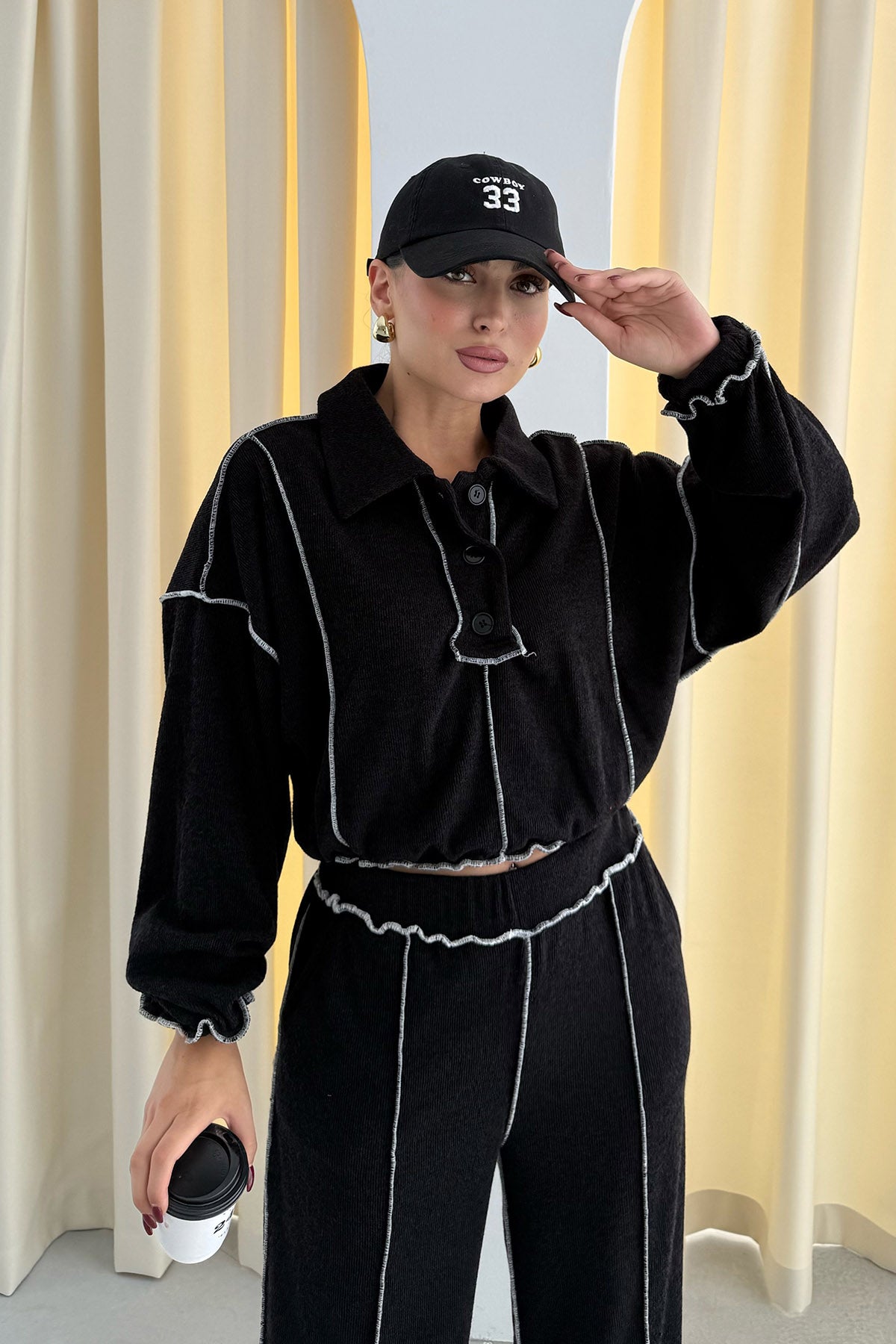 Siyah Ters Dikiş Detay Polo Yaka Triko Takım SY-2722-Siyah