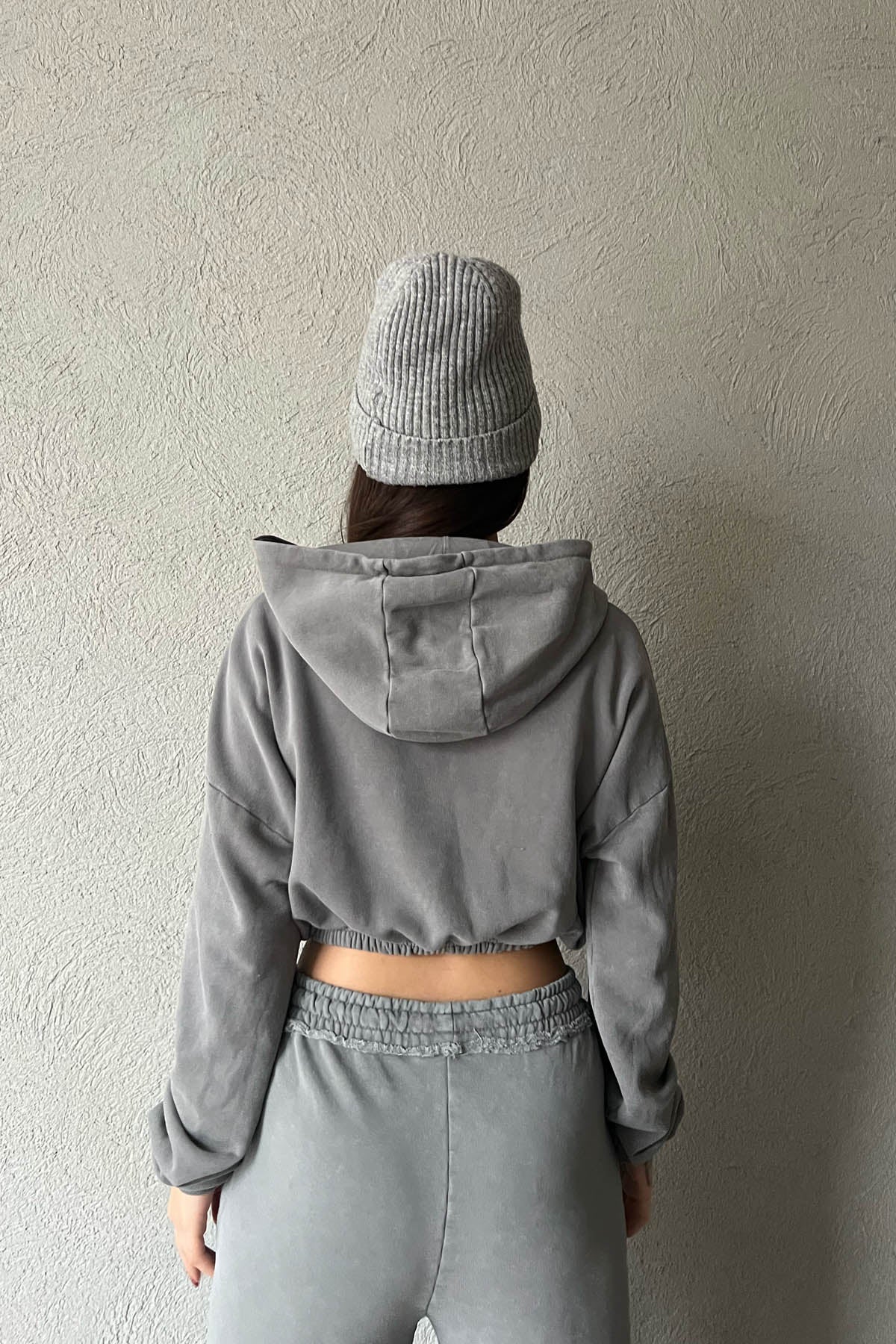 Gri Kapüşonlu Crop Sweatshirt SY-1683-Gri