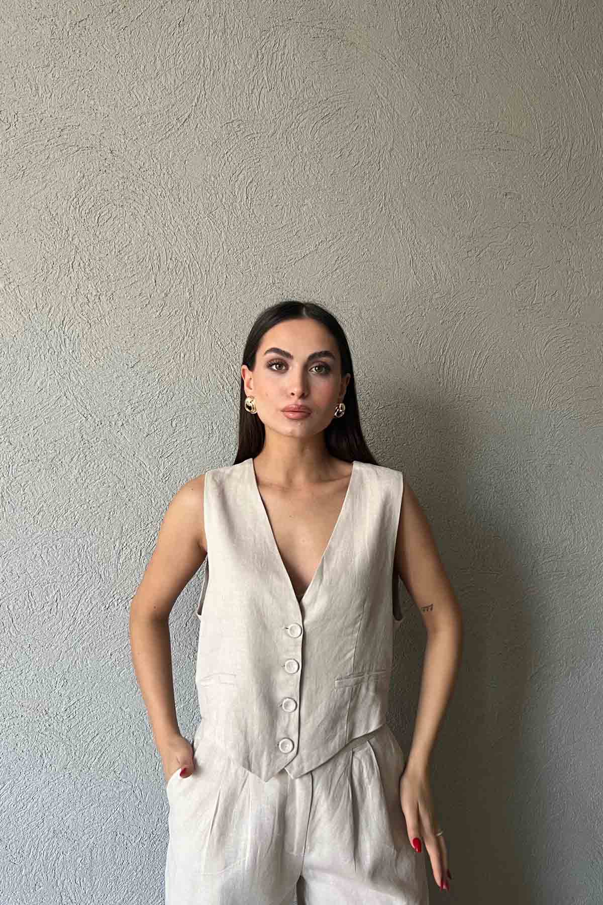 Taş Düğme Detaylı Keten Yelek SY-2094-Taş