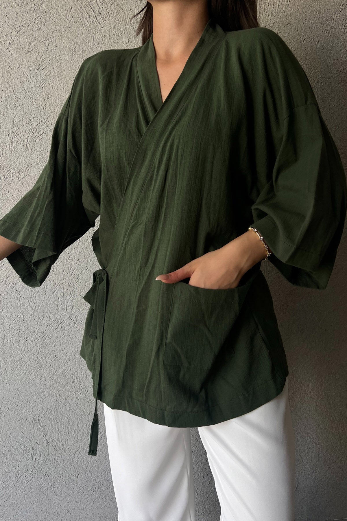 Haki Arkası Baskılı Bağlama Detaylı Keten Kimono SY-1613-Haki