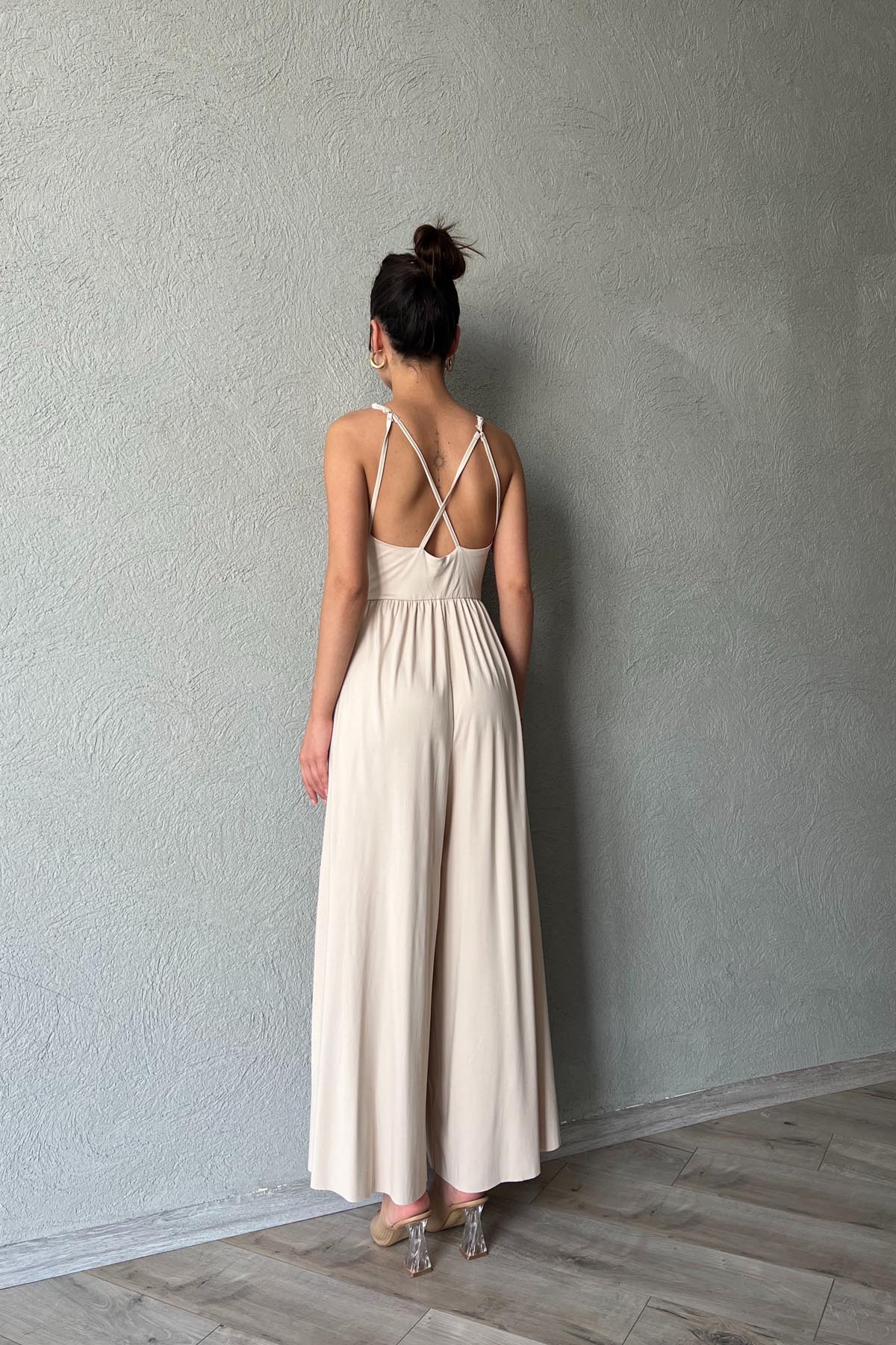 Bej İnce Askı Detaylı Bol Paça Modal Tulum SY-1980-Bej