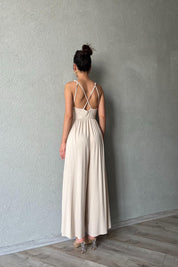 Bej İnce Askı Detaylı Bol Paça Modal Tulum SY-1980-Bej