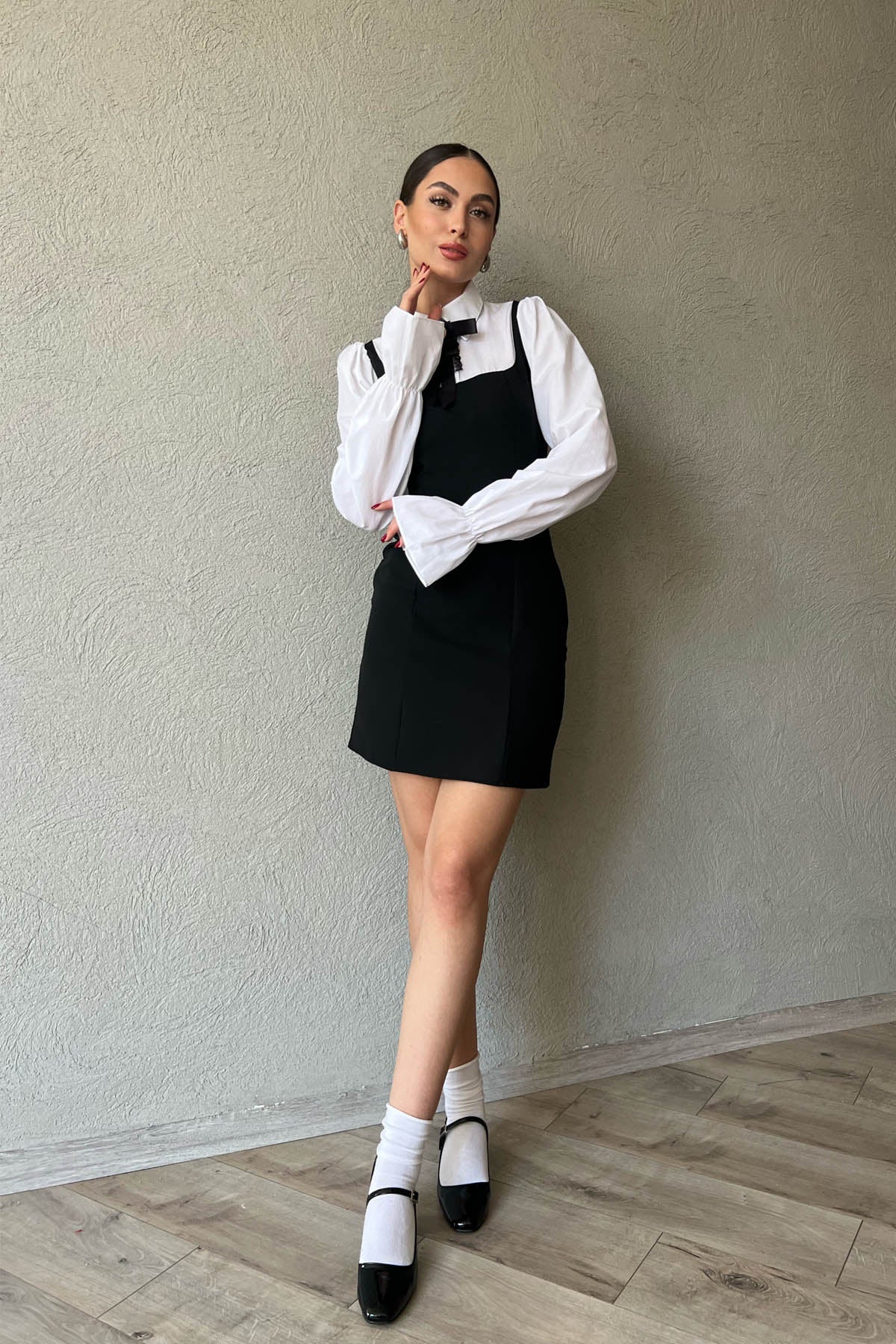 Siyah Vintage Gömlek Ve Toka Detaylı Kısa Elbise SY-1656-Siyah