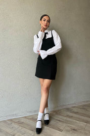 Siyah Vintage Gömlek Ve Toka Detaylı Kısa Elbise SY-1656-Siyah