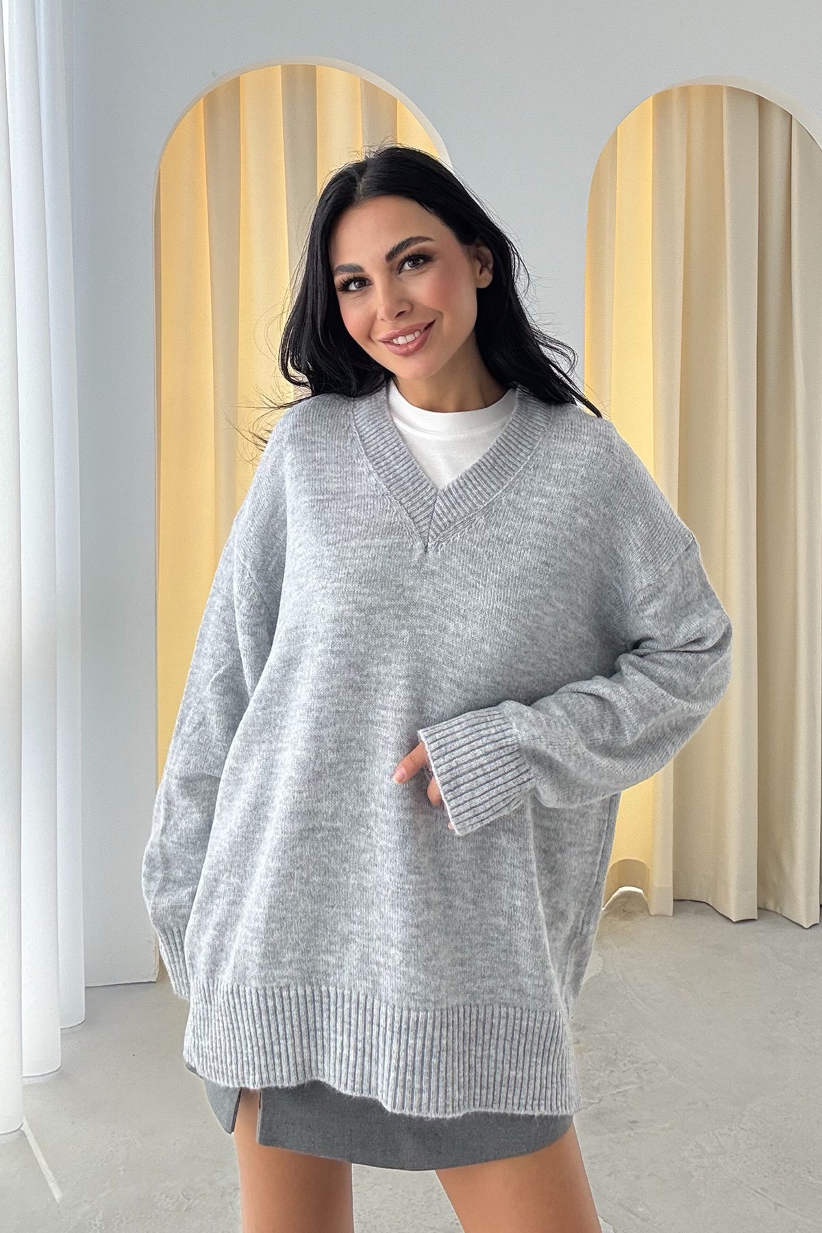 Gri V Yaka Oversize Pinterest Triko Kazak SY-3348-Gri