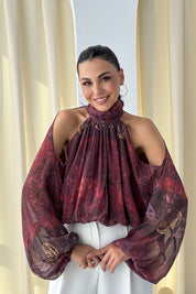 Kırmızı Desenli Omuzları Açık Bluz SY-3362-Kırmızı