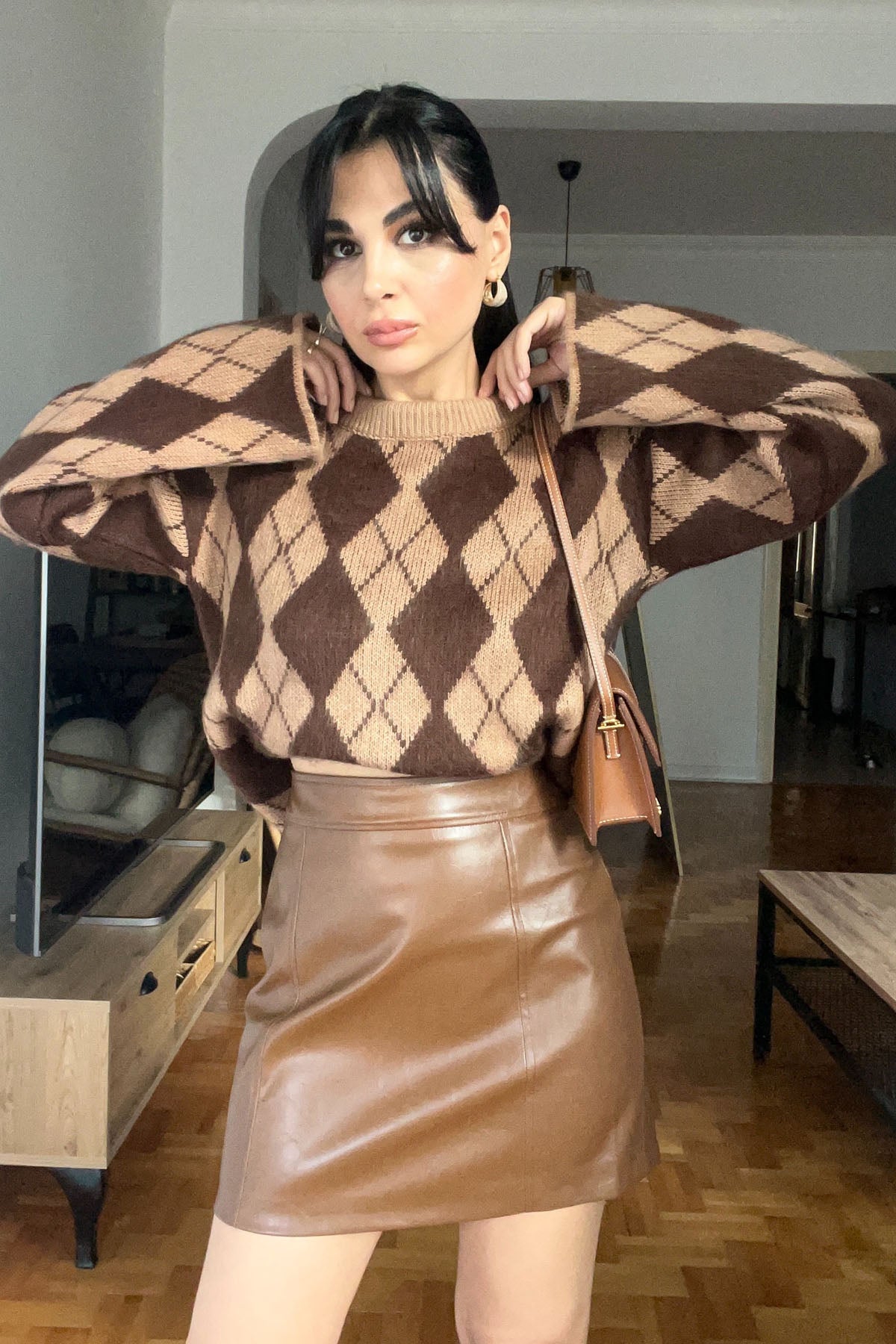 Kahve Trapez Mini Deri Etek SY-2794-Kahve